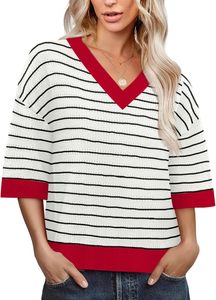 <span class=keywords><strong>Pull</strong></span> en tricot crocheté surdimensionné WIHOLL pour femme, manches 3/4, style coréen, motif rayé, longueur courte, <span class=keywords><strong>col</strong></span> en <span class=keywords><strong>V</strong></span>, pour la mode d'automne - Product Image 4
