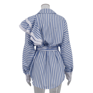 Patchwork con cintura abbottonata alla moda 2025 abiti corti Casual a <span class=keywords><strong>maniche</strong></span> <span class=keywords><strong>lunghe</strong></span> con volant camicia estiva a righe da <span class=keywords><strong>donna</strong></span> - Product Image 4