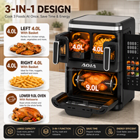 Four à friture sans huile 3-en-1 3000W 4L+4L+9L Triple cuve Friteuse numérique à écran pliable Appareil de cuisine pour grillades et barbecue