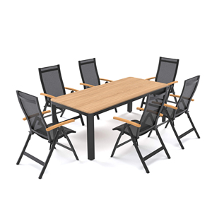 AJUNION Ensemble de salle à manger de <span class=keywords><strong>jardin</strong></span> de luxe Table à manger rectangulaire et fauteuils pliables Ensemble de salle à manger d'extérieur en <span class=keywords><strong>aluminium</strong></span> à effet bois - Product Image 1