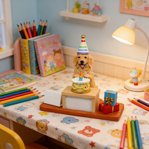 Escultura de Resina de Golden Retriever para Cumpleaños, Adorable Perro con Gorro de Fiesta a Rayas y Pastel con Vela, Celebración de Mascotas Hecha a Mano - Product Image 1