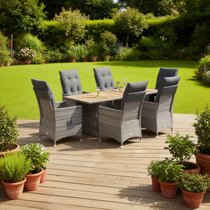 <b>Grey</b> Rattan Garden <b>Dining</b> <b>Set</b> 6 Seater Teak <b>Table</b> Weather Resistant Outdoor Furniture Contemporary Design - Product Image 2