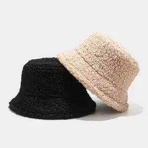 Topi Bucket Baru Topi Bucket Wanita Bulu Palsu Tebal Hangat Musim Dingin Warna Polos Topi Bucket Wol Bulu Wanita Topi Panama Topi Matahari