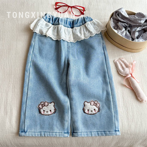 Tongxingyuan Girls Denim <b>Pants</b> With Lace Trim Fleece <b>Lined</b> Wide Leg Baby Girl Winter <b>Pants</b> - Product Image 1