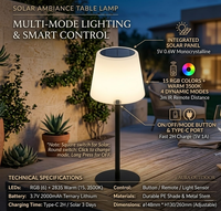 Lampe de table solaire d'extérieur sans fil à LED avec télécommande, 15 couleurs RVB, hauteur réglable, idéale pour les fêtes en extérieur, dans le jardin ou la cour.