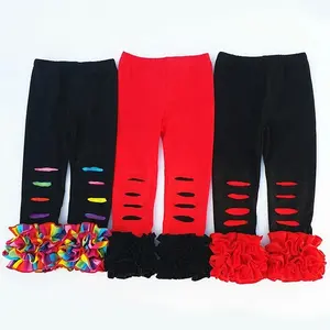 Hot fashion ripped trousers children leggings new pants design for girl cotton ruffle spring denim pants