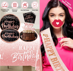 Rose Or Noir Joyeux Anniversaire Bannières Rideau Métal Ballon Arc Diadème Plats Tasses Nappe Gâteau Toppers <span class=keywords><strong>Photo</strong></span> Props Fournitures - Product Image 5