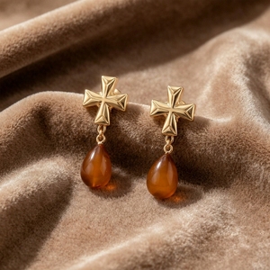 Ear enlace oem odm Gold Plated Brass Cross Teardrop Amber Dangle Earrings Custom Wholesale Vintage Jewelry For Women - Product Image 2