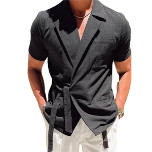 Camicia <span class=keywords><strong>Giacca</strong></span> <span class=keywords><strong>Estiva</strong></span> da <span class=keywords><strong>Uomo</strong></span> in <span class=keywords><strong>Lino</strong></span> Intrecciato Anti-Piega Traspirante Tinta Unita Stile Street Casual con Colletto Risvoltato e Laccio - Product Image 3