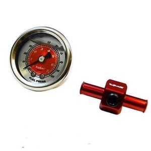 Manomètre de pression de carburant 0-100 PSI, analogique, rouge, en aluminium, avec raccord en T pour tuyau, pour usage en course - Product Image 1