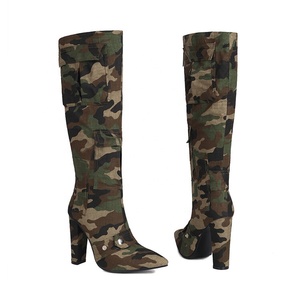 Big Size 47 Camouflage Women's Knee-high Chunky Heel Pockets Boots Pointed Toe on Wide Fit Long Booties Denim Fabric <b>Shoes</b> - Product Image 4