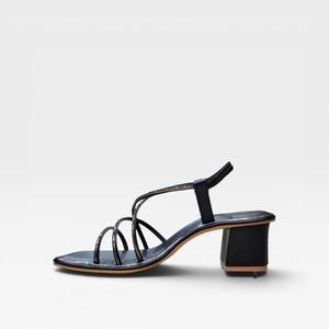 Women's Black Genuine Leather Strappy Heeled <b>Sandals</b> Square Toe Block Heel Slip-On Elegant Summer Footwear Heels Comfortable - Product Image 4