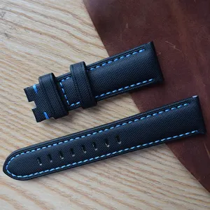 高档黑色帆布尼龙表带，蓝色缝线，适用于Panera PAM 24毫米吊耳手表