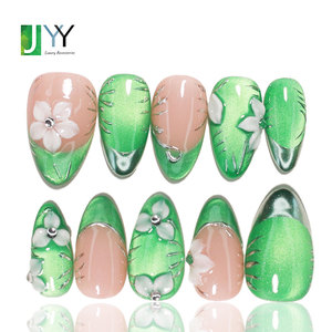 <span class=keywords><strong>Uñas</strong></span> Postizas de Gel 3D con Diseño de Flor Verde Ojo de Gato, Hechas a Mano, Personalizadas, Súper <span class=keywords><strong>Cortas</strong></span>, Acrílicas, de Lujo - Product Image 1