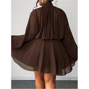 Robe de cocktail grande taille pour femme, manches longues, froncée, fluide, col montant, taille empire, coupe trapèze, en mousseline, élégante, pour invitée de mariage d'automne - Product Image 2