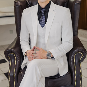 高品質シングルブレストホワイトメンズウェディングスーツセット3ピースブレザー+パンツ+ベストセットメンズスリムフィットビジネススーツ - Product Image 1