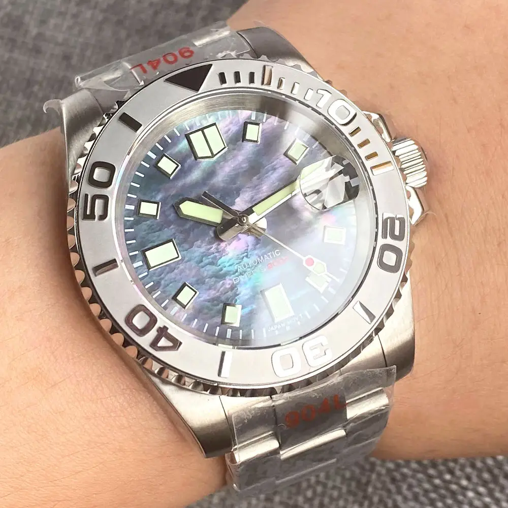 Tandorio madreperla Shell Dial Diving orologio meccanico per uomo orologio da polso subacqueo in acciaio 904L bracciale NH35 luminoso