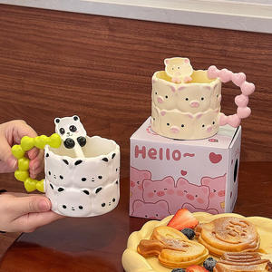 <b>Cute</b> Panda Ceramic <b>Mug</b> With Spoon Cartoon Design Pink And Green Handle Office Coffee Cup For Gift - Product Image 3