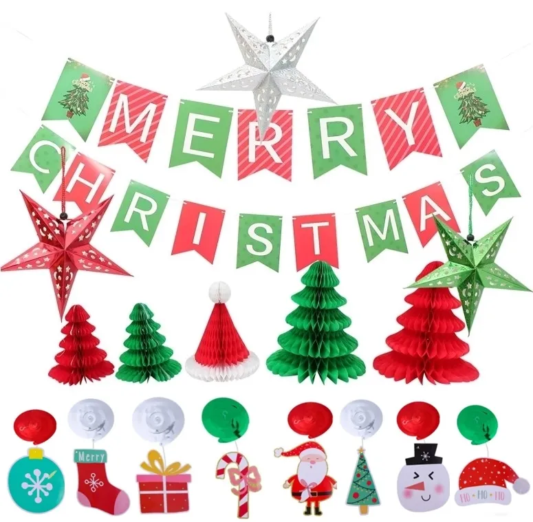 Christmas decorations supplies with Merry Christmas Banner Paper Christmas tree hat Santa Cane candy Paper star lantern swirls