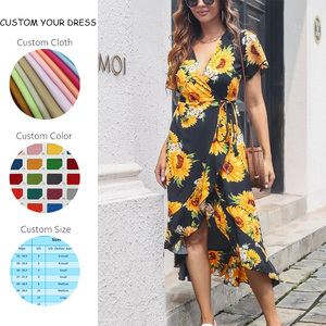 بيع بالجملة مخصص عارضة الصيف فضفاضة الخامس الرقبة قصيرة الأكمام طويلة اندلعت الأزهار طباعة عباد الشمس حزب اللباس النساء مع حزام - Product Image 2