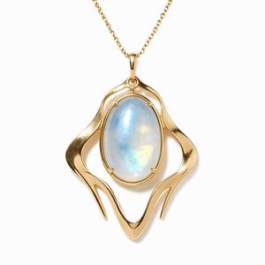 Natural Rainbow <b>Moonstone</b> Necklace 18K Gold Plated Oval Cabochon Blue Sheen Gemstone Pendant Abstract Frame <b>Jewelry</b> for Women - Product Image 1