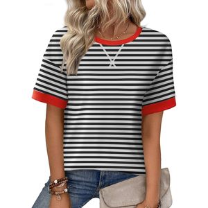 FOXA Womens Striped T Shirt Short Sleeve Crewneck Loose Fit Summer <b>Top</b> 100% Cotton Knitted Casual Wear - Product Image 1