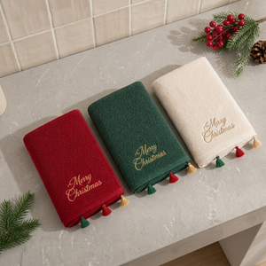 Juego de toallas de baño de algodón con borlas y bordados navideños, suaves y absorbentes, rectangulares, para uso doméstico, tamaño adulto - Product Image 2
