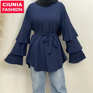 Blusa de manga com três camadas feminina, babados, cinto com cinto, moda feminina, parte superior, turquia, roupas étnicas islâmicas, 2028