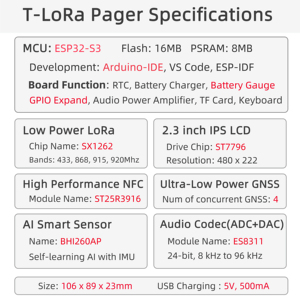 Terminal portable LILYGO T-LoRa Pager ESP32-S3+SX1262, communication longue portée LoRa, positionnement GNSS+NFC+capteur IA - Product Image 5