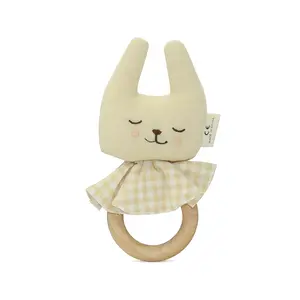 2024 Ins Wooden Teether Cotton Lovely Bunny Teether Rattle Wooden Baby Bunny Teether