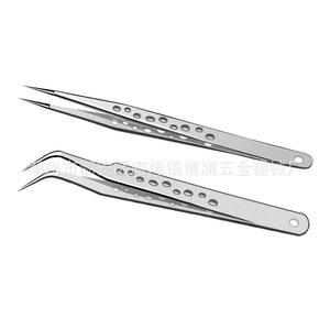 Wholesale tweezers with punched ends, straight and curved, stainless steel, non-slip, for eyelash extensions, matte/smooth - Product Image 2