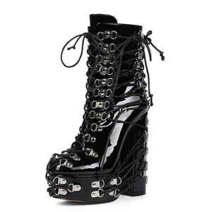 Full Metal Buckles Lace up Round Toe Short Booties Women Side Zipper Ankle <b>Boots</b> Big Size 45 Chunky Heels Thick Platform Shoes - Product Image 6