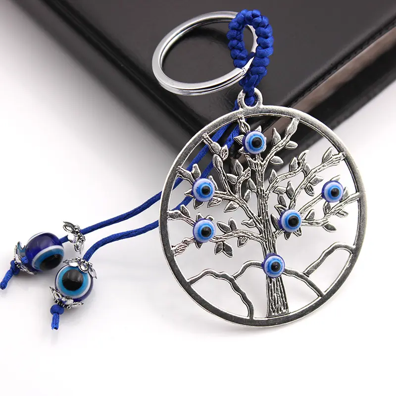Kingcome Ancient Silver Big Lucky Tree Devil's Eye Keychains Key Accessories Turkey Blue Evil Angel Eye Keychain