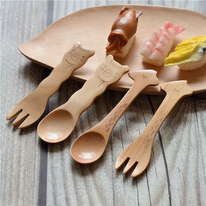 Cuillère à mesurer en bois pour enfants, motif animal mignon de dessin animé, fourchette et couteau durables et sains, petite taille - Product Image 1