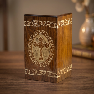 Brown Wooden Cremation Urn With Engraved Cross European Style Adult <b>Memorial</b> Storage <b>Box</b> Customizable Designs - Product Image 1