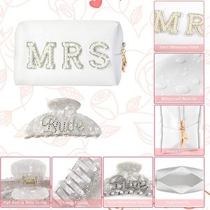 Wedding to Be Gift Set <b>Bride</b> Mrs Makeup Bag Slippers Hair Clip - Product Image 3
