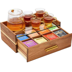Wooden Tea Bag <b>Storage</b> <b>Box</b> Multi Compartment <b>Drawer</b> Style Desktop Organizer Acacia Wood Rectangular Covered Design - Product Image 2
