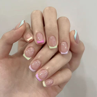 Uñas Postizas Reutilizables de Cobertura Completa con Diseño de Flores Francesas y Puntos Rosas, 24 Piezas