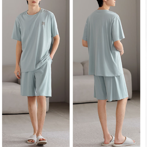 <span class=keywords><strong>Pigiama</strong></span> <span class=keywords><strong>estivo</strong></span> da <span class=keywords><strong>uomo</strong></span> morbido, set corto, leggero e traspirante, girocollo, vita elastica, abbigliamento per la casa, set in due pezzi per le vacanze a casa - Product Image 6