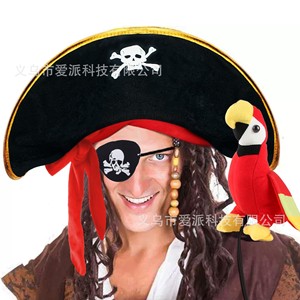 Pirate Captain Hat <b>Black</b> Skull Design Red <b>String</b> Halloween Costume Prop - Product Image 1