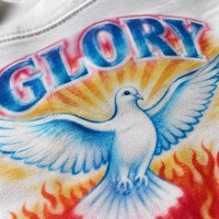 T-shirt en jersey blanc à motif graphique 100% coton, imprimé Glory, ailes de colombe aérographe, rayons jaunes orange, rouge feu, streetwear Metour