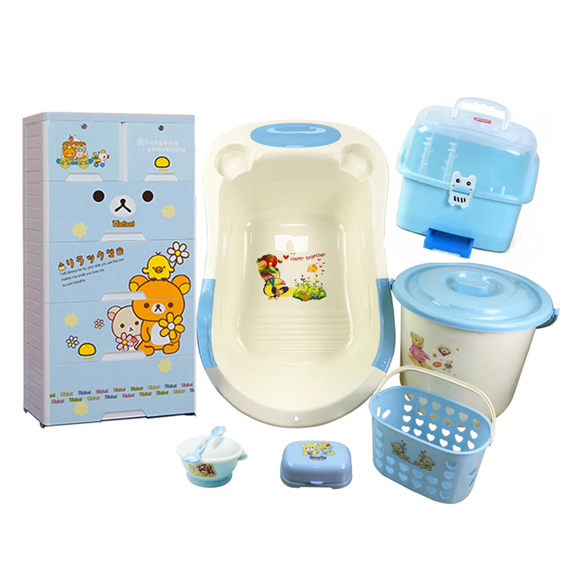 Baby bath tub 7pcs set supplies multi-layer storage cabinet plastic with bottle drying rack bucket basket