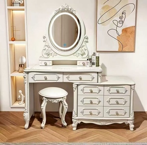 European Antique Dressing <b>Table</b> with Integrated Lighted <b>Mirror</b> Classic European Style Makeup <b>Vanity</b> for Bedroom - Product Image 1