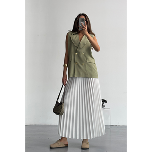 Gilet en lin vert avec boutons dorés, tissu tissé, broderie vintage, style streetwear coupe-vent - Product Image 3