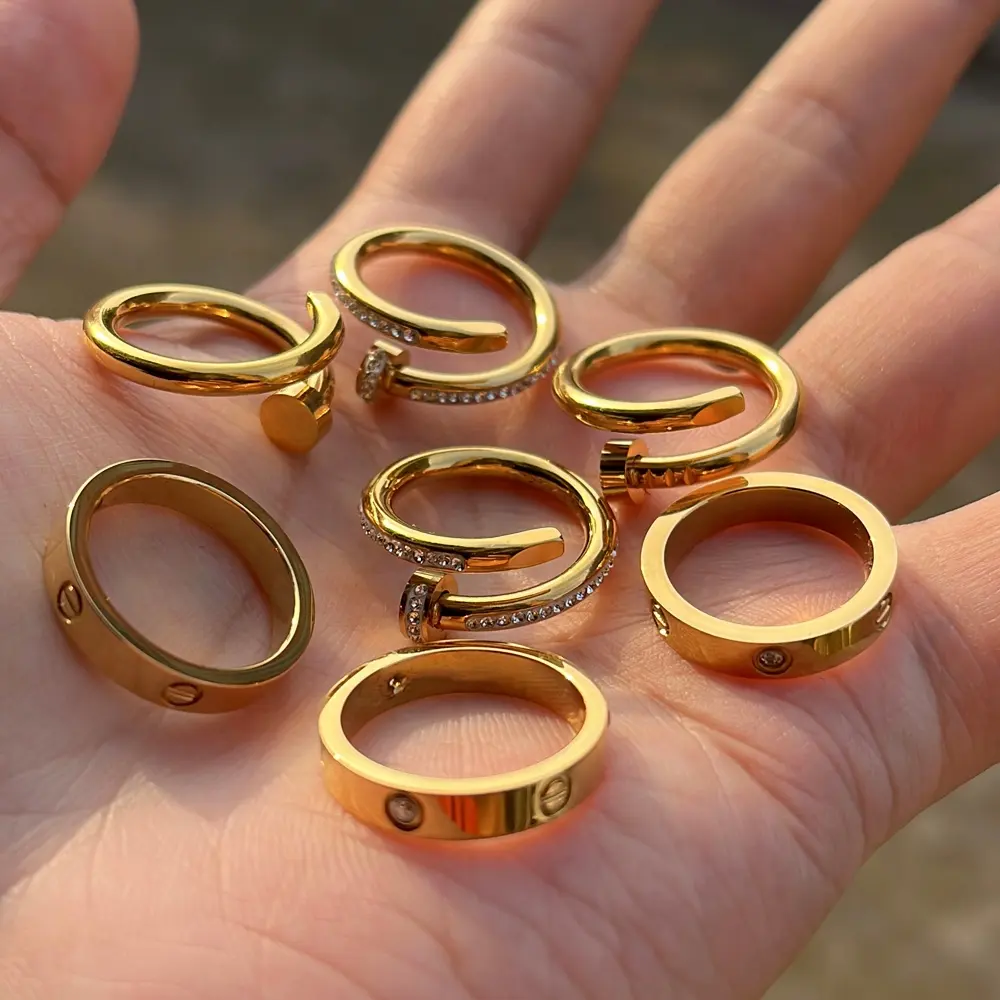 Anéis de dedo para casal, anéis de luxo da moda, 18k, banhados a ouro, amor, joias para homens e mulheres, designer de unhas de aço inoxidável