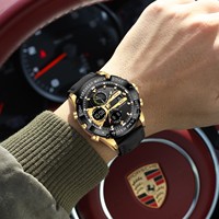Jam Tangan Pria Poedagar E125 Dual Display Digital Analog Tahan Air Montre Homme Tali Kulit Bercahaya Jam Tangan Olahraga untuk Pria