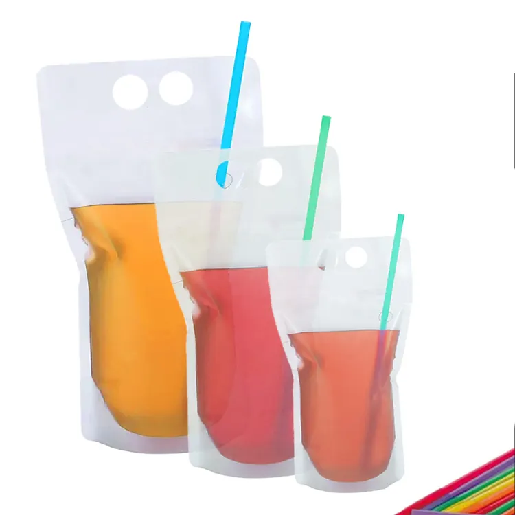 Plastic high quality clear liquid 500ml juice custom disposable label logo bag 8oz straw drink pouch