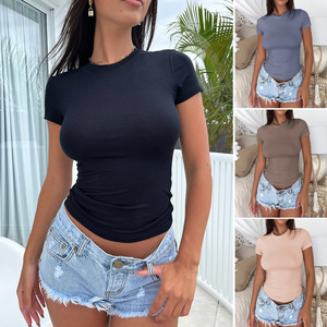 T-shirt <span class=keywords><strong>Femme</strong></span> Couleur Unie Coupe Slim Style Rétro Chic Quotidien Confortable Tendance Vintage Décontracté Y2K – Grande Vente - Product Image 2