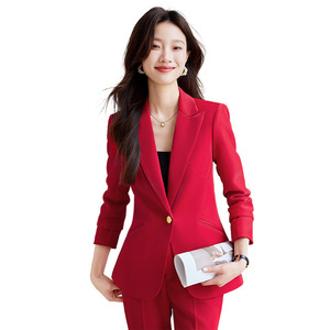 Women's Suit <b>Set</b> Red Formal <b>Office</b> Lady Full Sleeve Polyester Anti-Wrinkle Spring Wear - Product Image 5