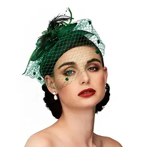 قبعة من الجلد الغامض الجديدة مزودة بحجابات للوجه مُصممة بحلية لآلئ لحفلات الزفاف
